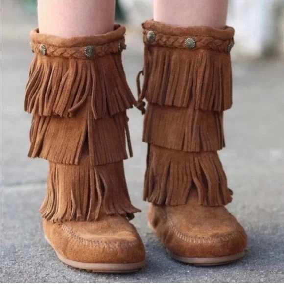 Minnetonka 3-Layer Fringe Bohemian Girls Leather Moccasin Boots Size 10 - Picture 11 of 14